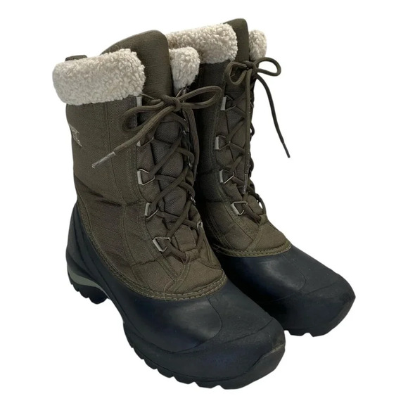 Sorel Cumberland Size 9 Insulated Winter Snow Boots Lace Up Olive Green Faux Fur - Picture 1 of 7